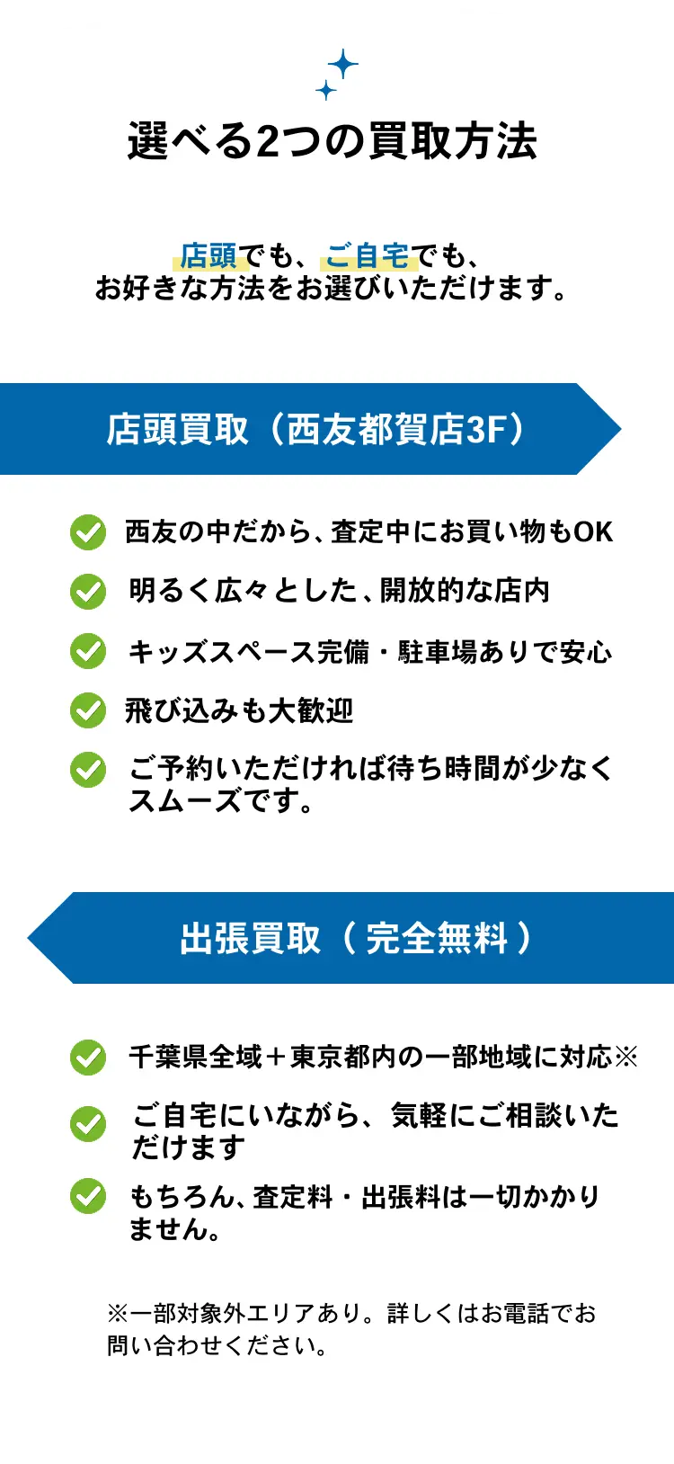 選べる2つの買取方法｜店頭でも、ご自宅でも、お好きな方法をお選びいただけます。